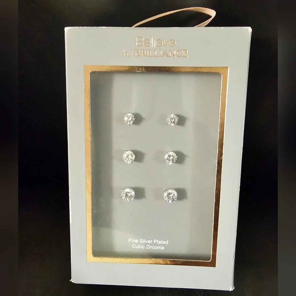 Silver Plated Cubic Zirconia Stud Earring Set New With Tags - Picture 1 of 3